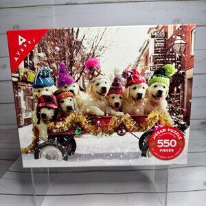 Avanti Puppies in Winter Hats 550 Piece Puzzle by Ceaco Christmas Dogs Wagon